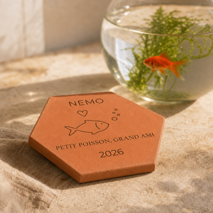 Tomette personnalisée Nemo, poisson et « Petit poisson, grand ami » gravés, posée à plat près d’un aquarium rond et de plantes aquatiques.