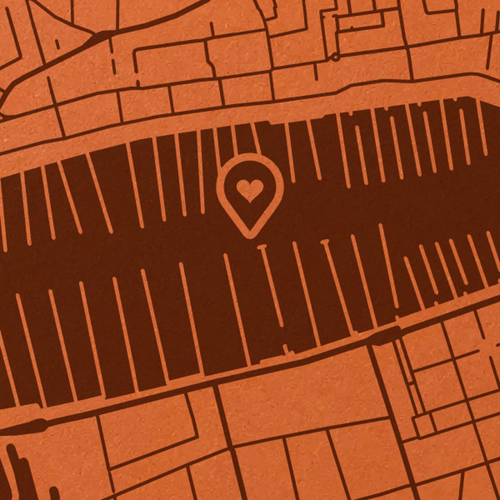 Close-up of an engraved map preview: the harbour as a solid engraved area, pontoons, solid streets and heart pin marker