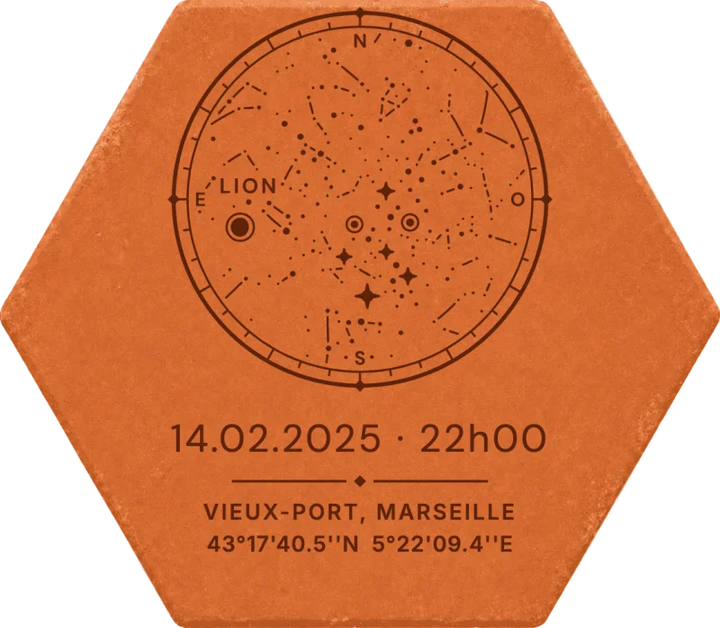 Carte du ciel gravée sur tomette : médaillon d'étoiles, Vieux-Port, 14.02.2025 à 22 h 00 (vedette du carrousel)