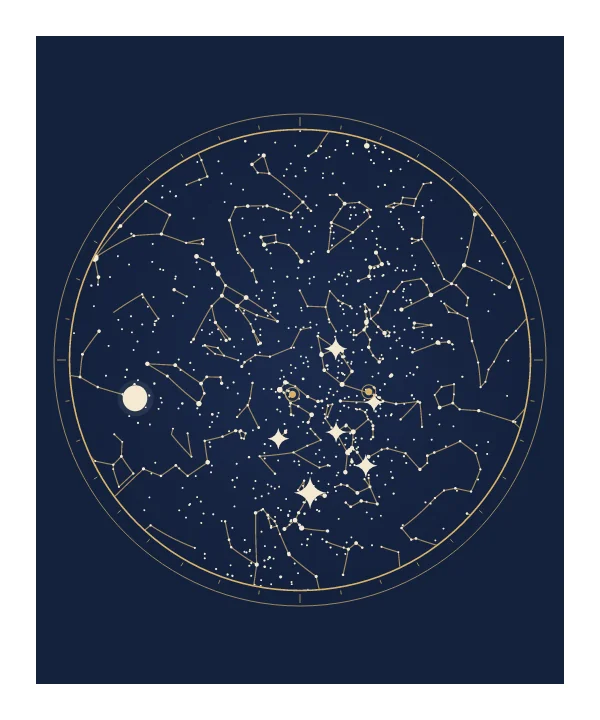 Épreuve « ciel imprimé » du carrousel : le même ciel en bleu nuit et or (vitrine seulement, jamais un média produit)