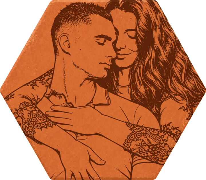 Tomette hexagonale gravée d'un portrait de couple dessiné à partir d'une photo