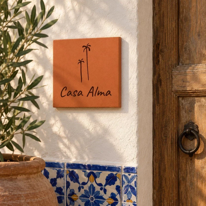 Plaque de maison personnalisée « Casa Alma » avec deux palmiers gravés, fixée près d’une porte en bois et de feuillage, au-dessus de carreaux bleus.