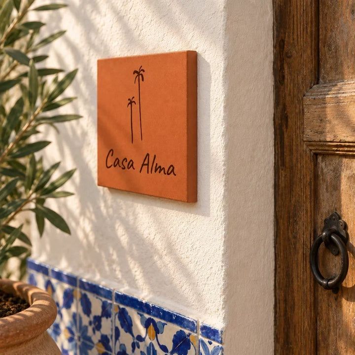 Plaque de maison personnalisée « Casa Alma » avec deux palmiers gravés, vue de côté près d’une porte en bois et d’un pot d’olivier.