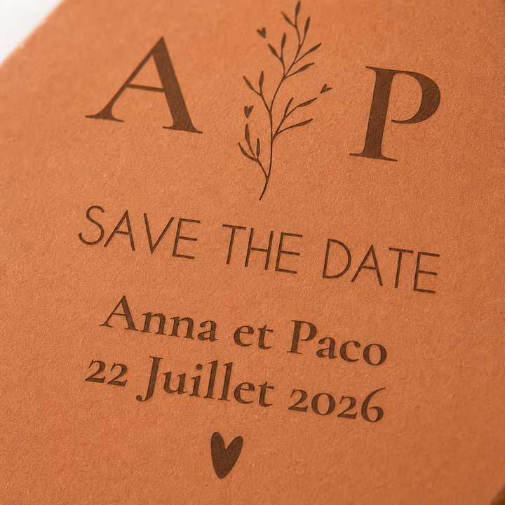 Détail de la gravure Save the Date, des initiales A et P et de la date de mariage.