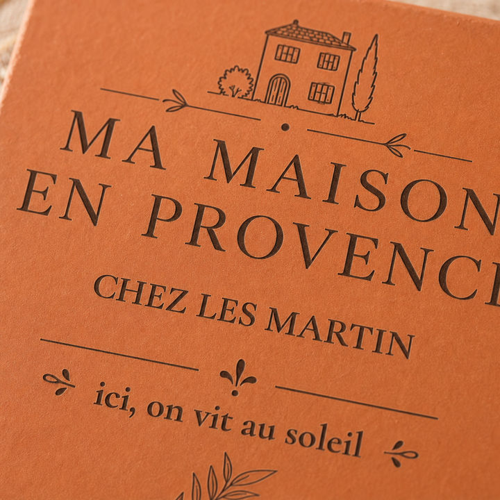 Gros plan sur la maison et les inscriptions Ma maison en Provence et Chez les Martin gravées.