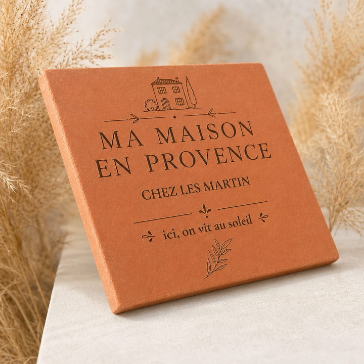 Carreau personnalisé « Ma maison en Provence, Chez les Martin », maison et feuillages gravés, posé en biais près de graminées séchées.
