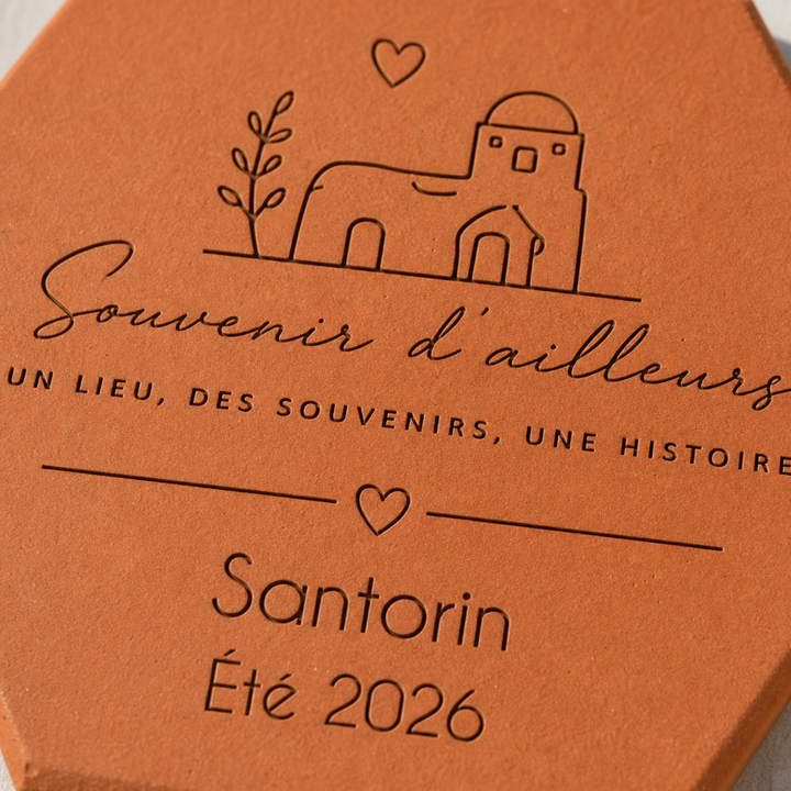 Gros plan sur la maison à coupole, le cœur et la destination Santorin gravés.