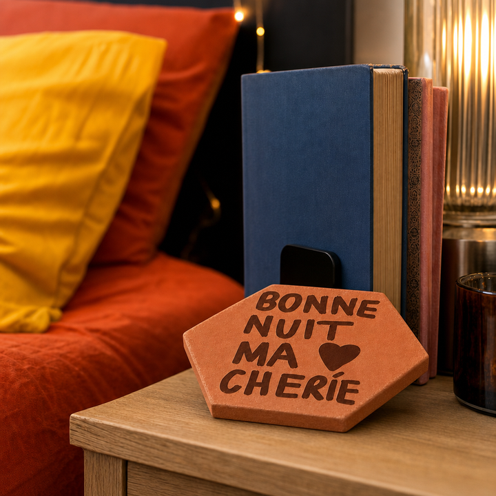 Tomette gravée « Bonne nuit ma chérie » avec cœur, posée à plat devant des livres, près d’une lampe de chevet.