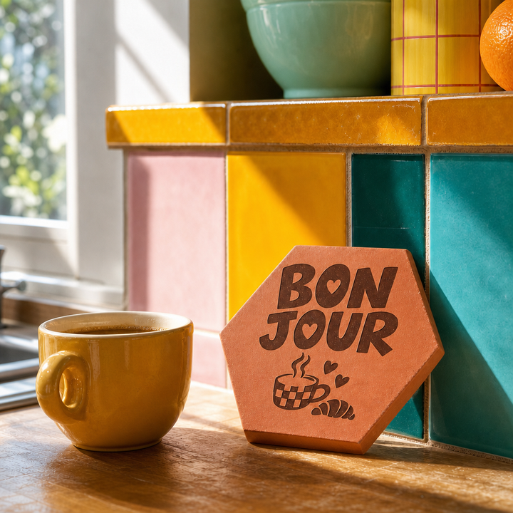 Tomette gravée « Bonjour », tasse à carreaux, croissant et cœurs, vue de biais sur un plan de travail près d’une tasse jaune.