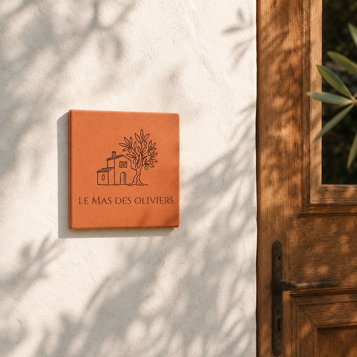 Plaque de maison personnalisée « Le Mas des Oliviers », maison et olivier gravés, fixée au mur près d’une porte en bois.