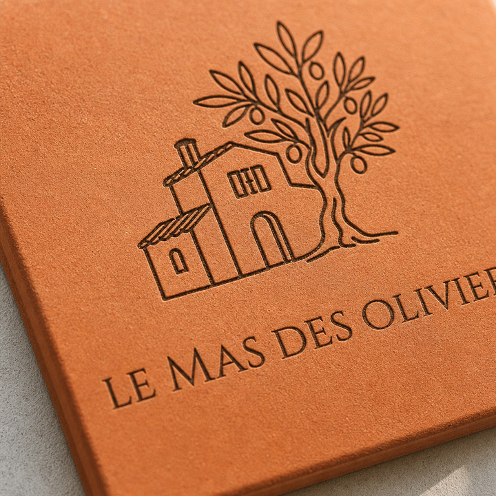 Détail de la maison, du grand olivier et du nom Le Mas des Oliviers gravés sur le carreau.