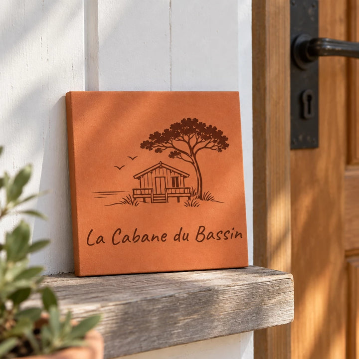 Plaque en terre cuite de Salernes motif Cabane, gravure laser, format hexagonal — en situation
