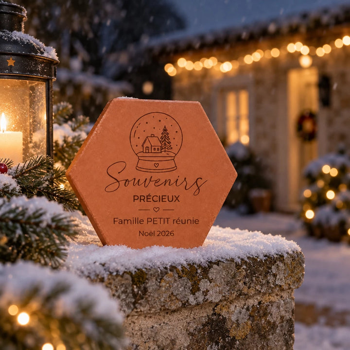 Tomette de Noël personnalisée « Souvenirs précieux », Famille Petit et boule à neige gravées, posée sur un muret enneigé près d’une lanterne allumée.