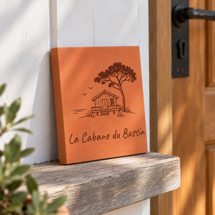 Plaque en terre cuite de Salernes motif Cabane, gravure laser, format hexagonal — vue de côté