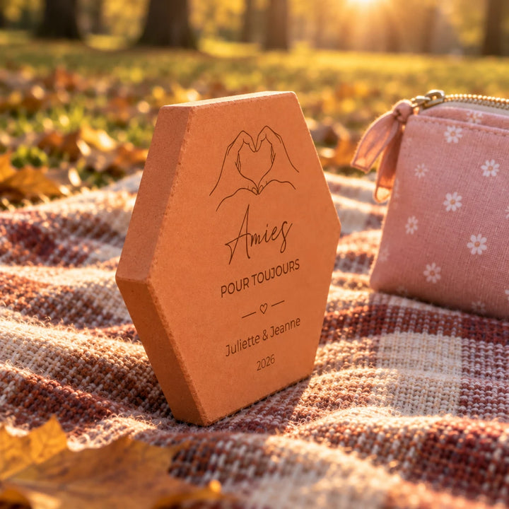 Decorative tile Friendship — Forever with Heart Hands motif and personalised names — side view