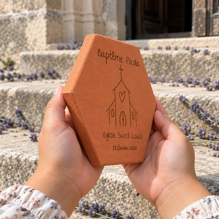 Tomette personnalisée Baptême - Eglise, posée dans les mains d’une enfant, avec église et lavande en arrière-plan — vue de profil