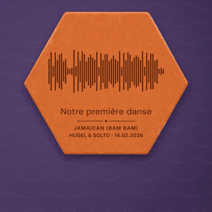 Plaque musique gravée : l'onde d'un passage de Jamaican (Bam Bam) de HUGEL & SOLTO, sur une tomette en terre cuite