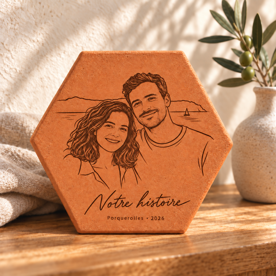 Illustration de projection d’une tomette décorative gravée d’un portrait de couple et de leurs mots, posée sur une console en bois.