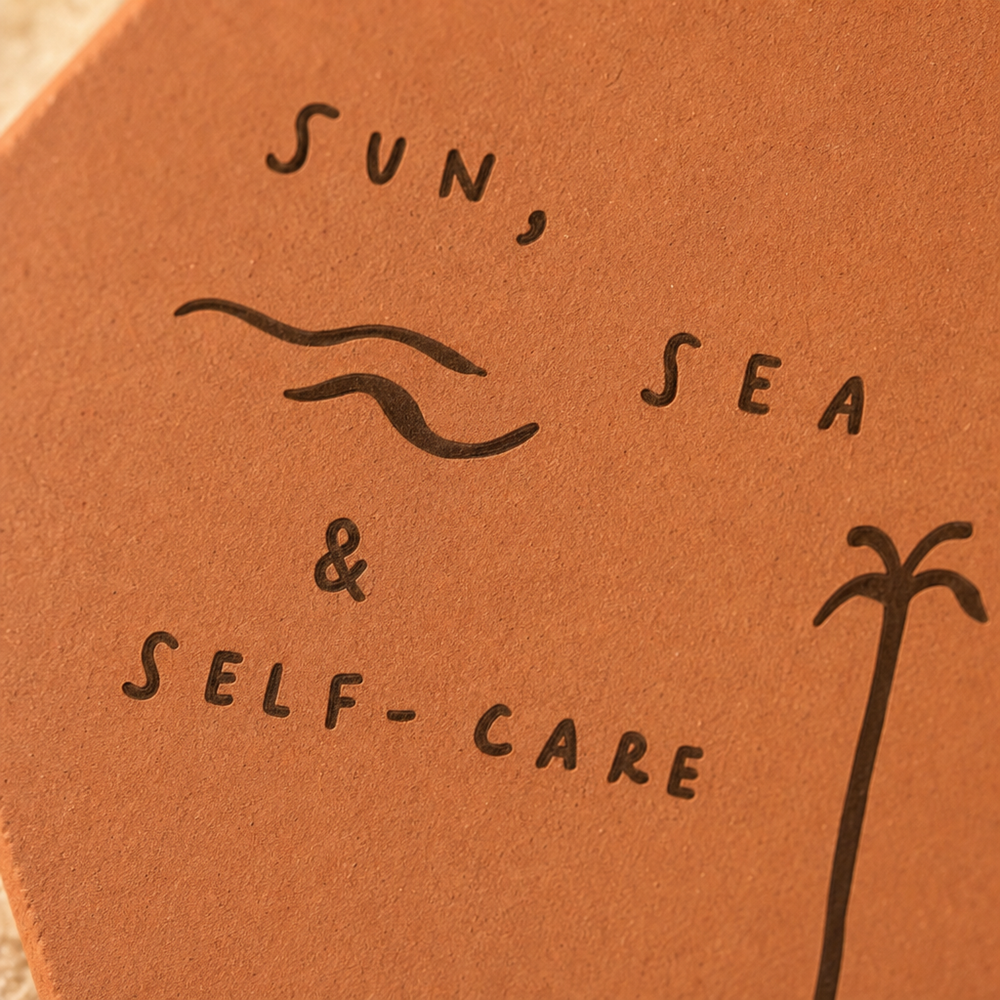 Cadeau bord de mer : tomette hexagonale personnalisée en terre cuite de Salernes gravée au laser, photo de vacances.