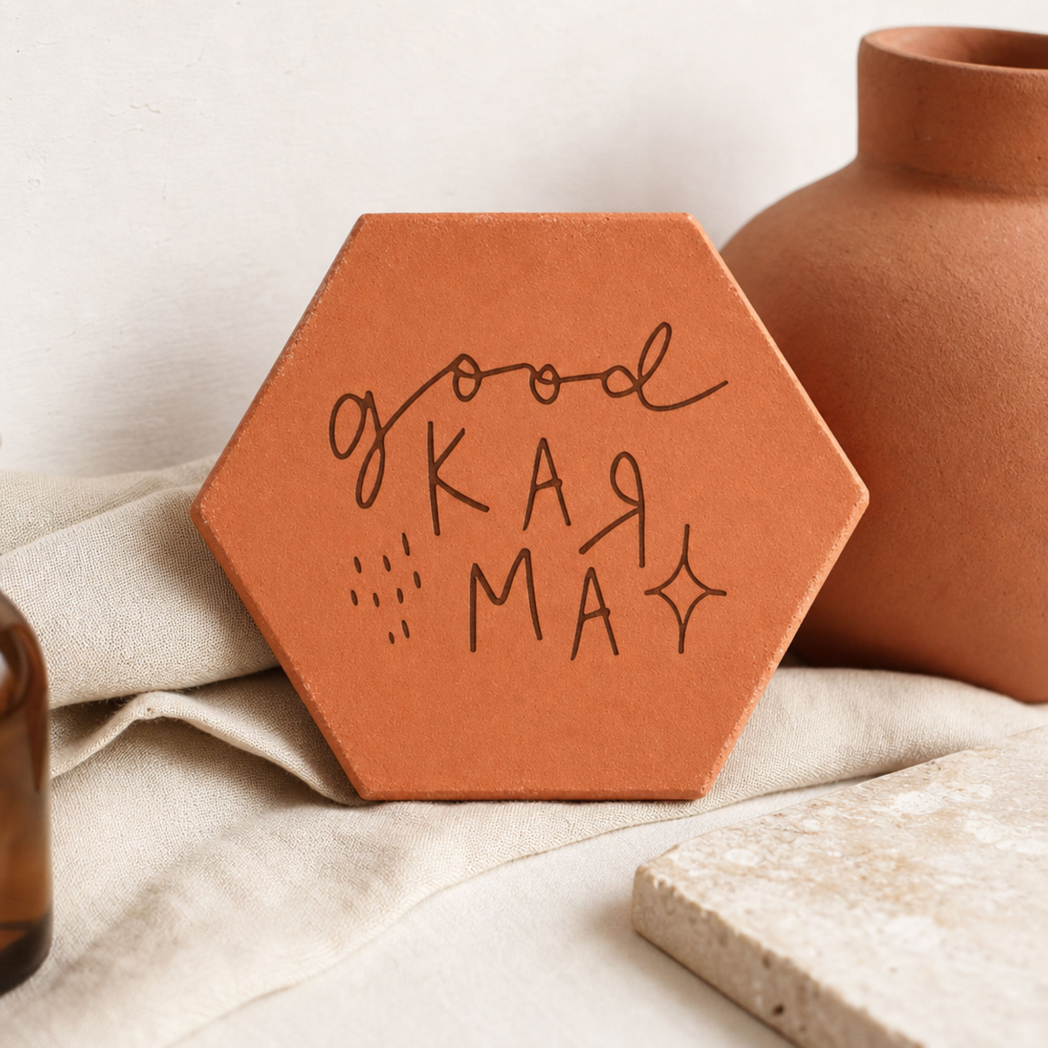 Cadeau de crémaillère : tomette hexagonale personnalisée en terre cuite de Salernes gravée au laser, ambiance pastel.