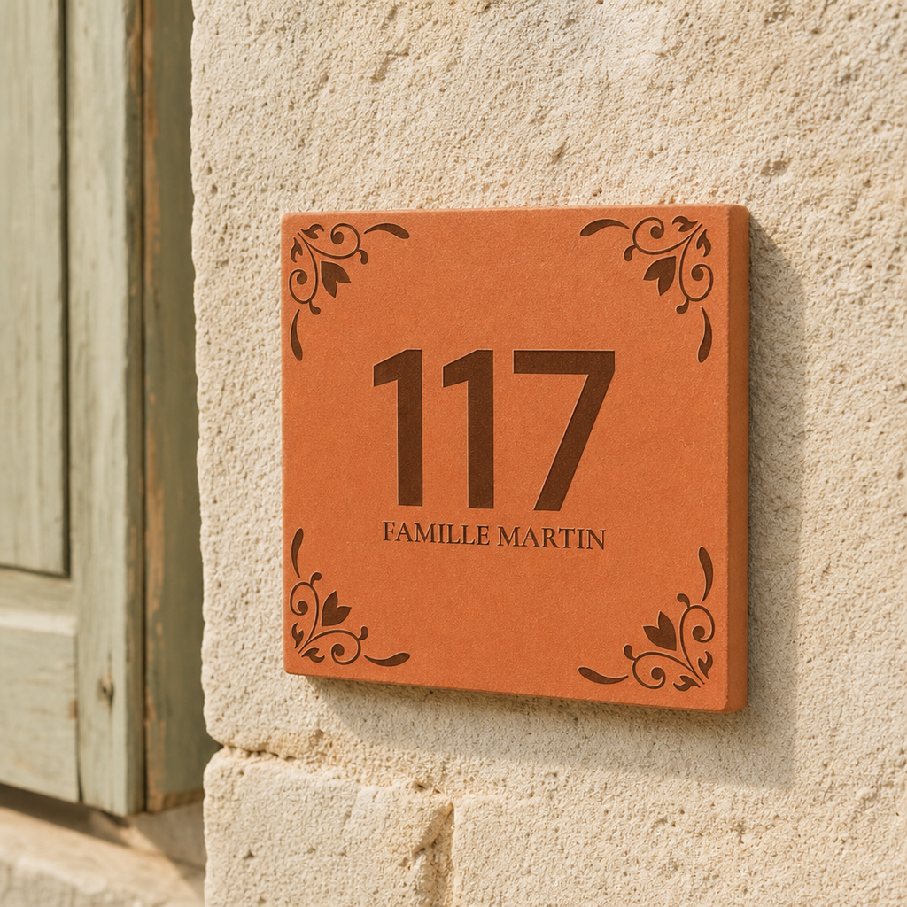 Plaque de maison personnalisée 13x13 cm en terre cuite, gravure laser d'un nom de famille et d'un numéro — cadeau nouvelle maison