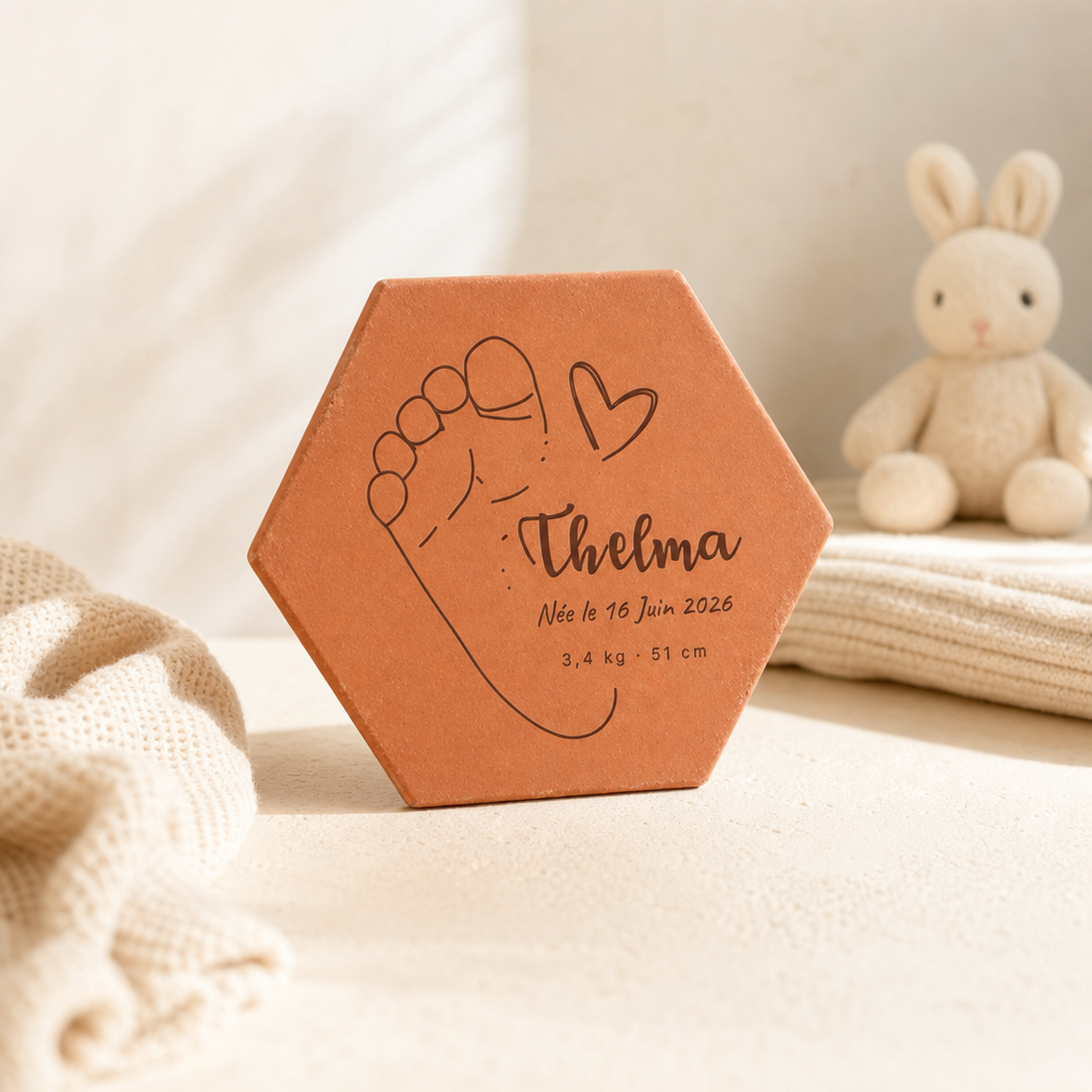 Cadeau de naissance en chambre de bébé, tomette hexagonale personnalisée en terre cuite de Salernes gravée au laser.