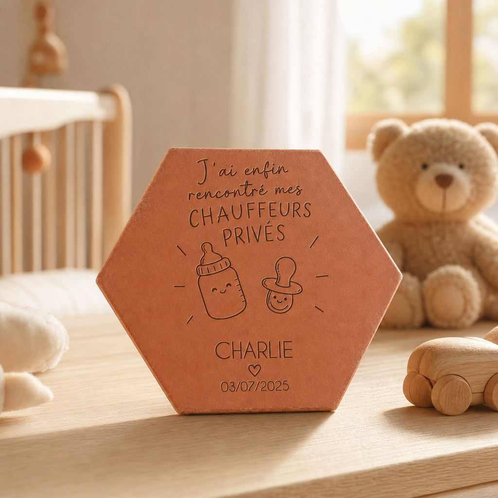 Cadeau de naissance : tomette hexagonale personnalisée en terre cuite de Salernes gravée au laser dans une chambre d’enfant.