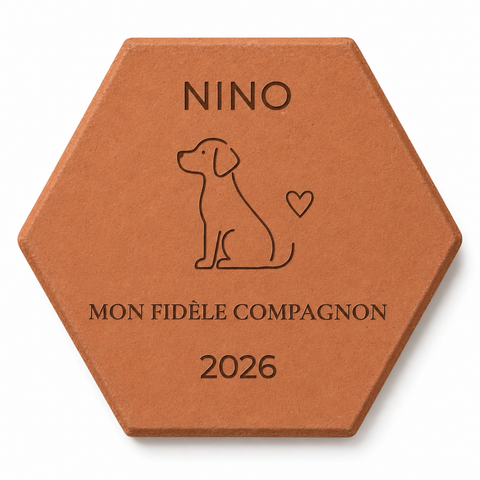 Tomette personnalisée Nino, chien et « Mon fidèle compagnon » gravés, sur fond blanc.