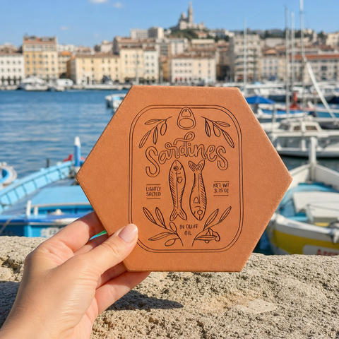 Tomette gravée d’une boîte de sardines, poissons et rameaux, tenue en main devant un port et ses bateaux.
