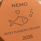Gros plan sur le nom Nemo, le poisson, les bulles et l’année gravés.