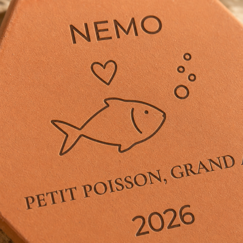 Gros plan sur le nom Nemo, le poisson, les bulles et l’année gravés.