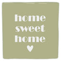 Green “Home sweet home” decorative tile with a white heart, viewed from the front against a white background.