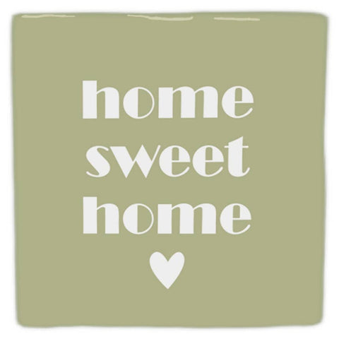 Green “Home sweet home” decorative tile with a white heart, viewed from the front against a white background.