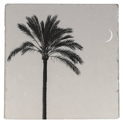Palm Tree decorative tile, with a black tree and crescent moon on a grey background, viewed from the front against a white background.
