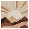 Carreau décoratif Sunrise, soleil rayonnant au-dessus de montagnes ocre et brunes, vu de face sur fond blanc.
