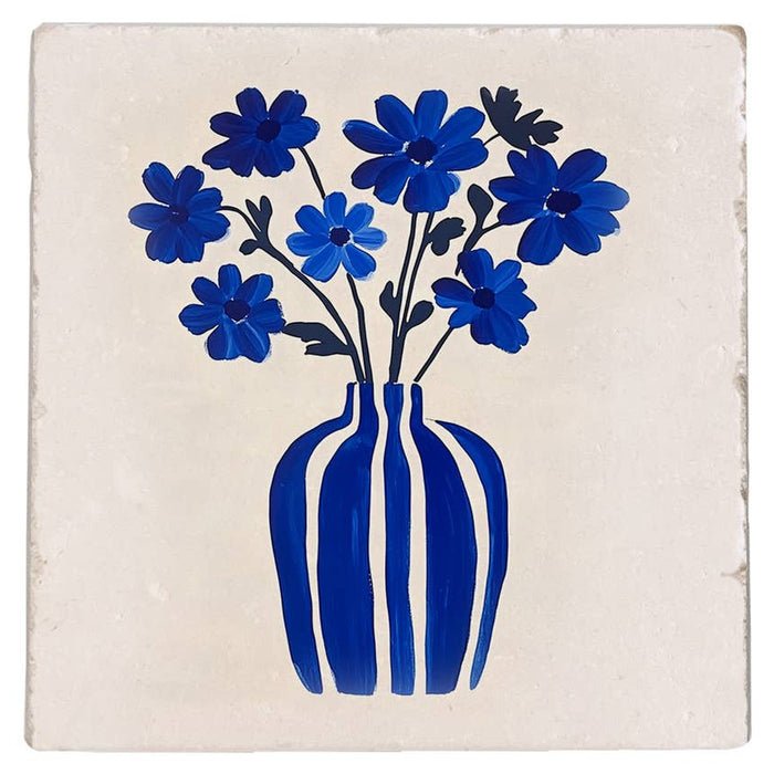 Carreau décoratif Vase bleu et fleurs en pierre naturelle, 10 × 10 cm — sélection MyTomette