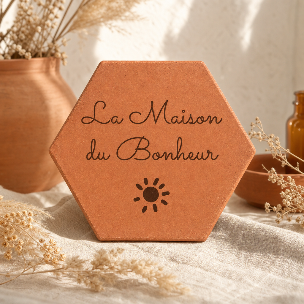 Cadeau crémaillère : tomette hexagonale personnalisée, terre cuite de Salernes gravée au laser pour la maison.