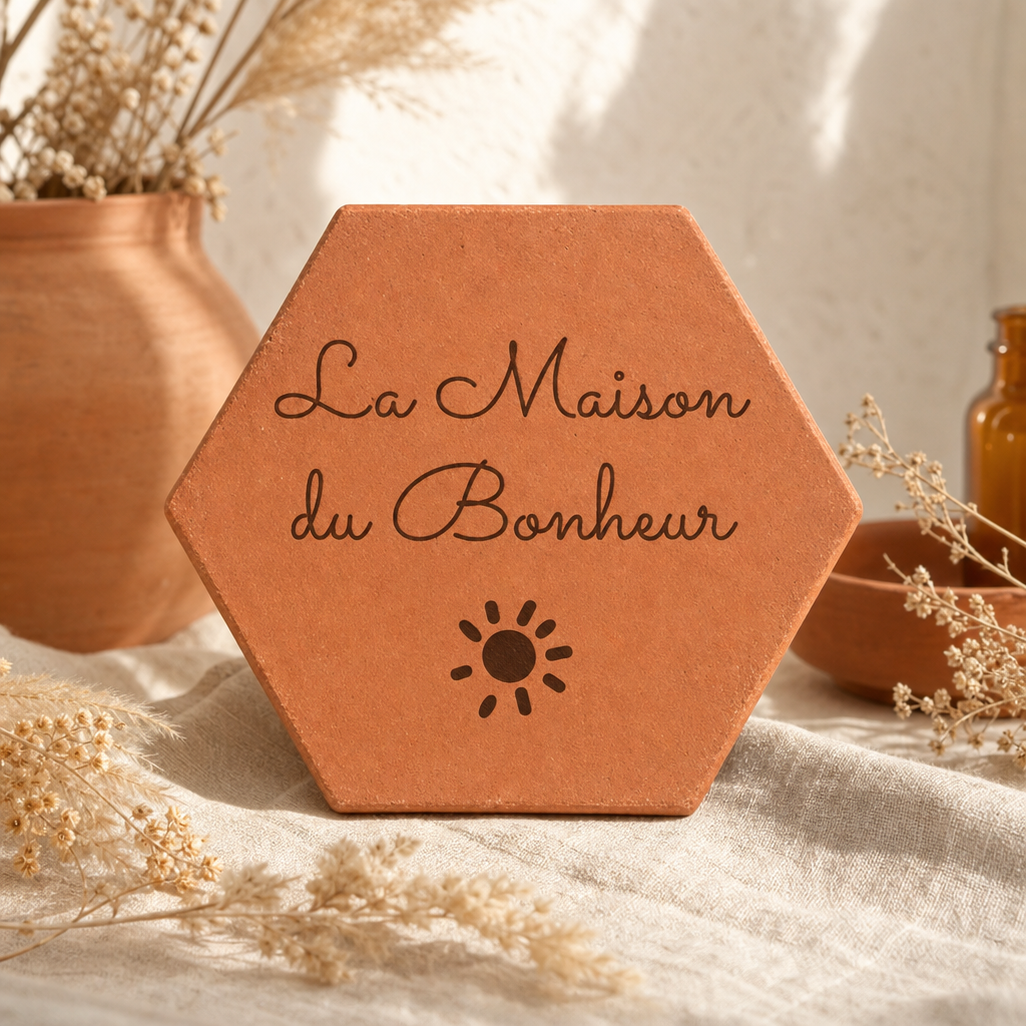 Cadeau crémaillère : tomette hexagonale personnalisée, terre cuite de Salernes gravée au laser pour la maison.