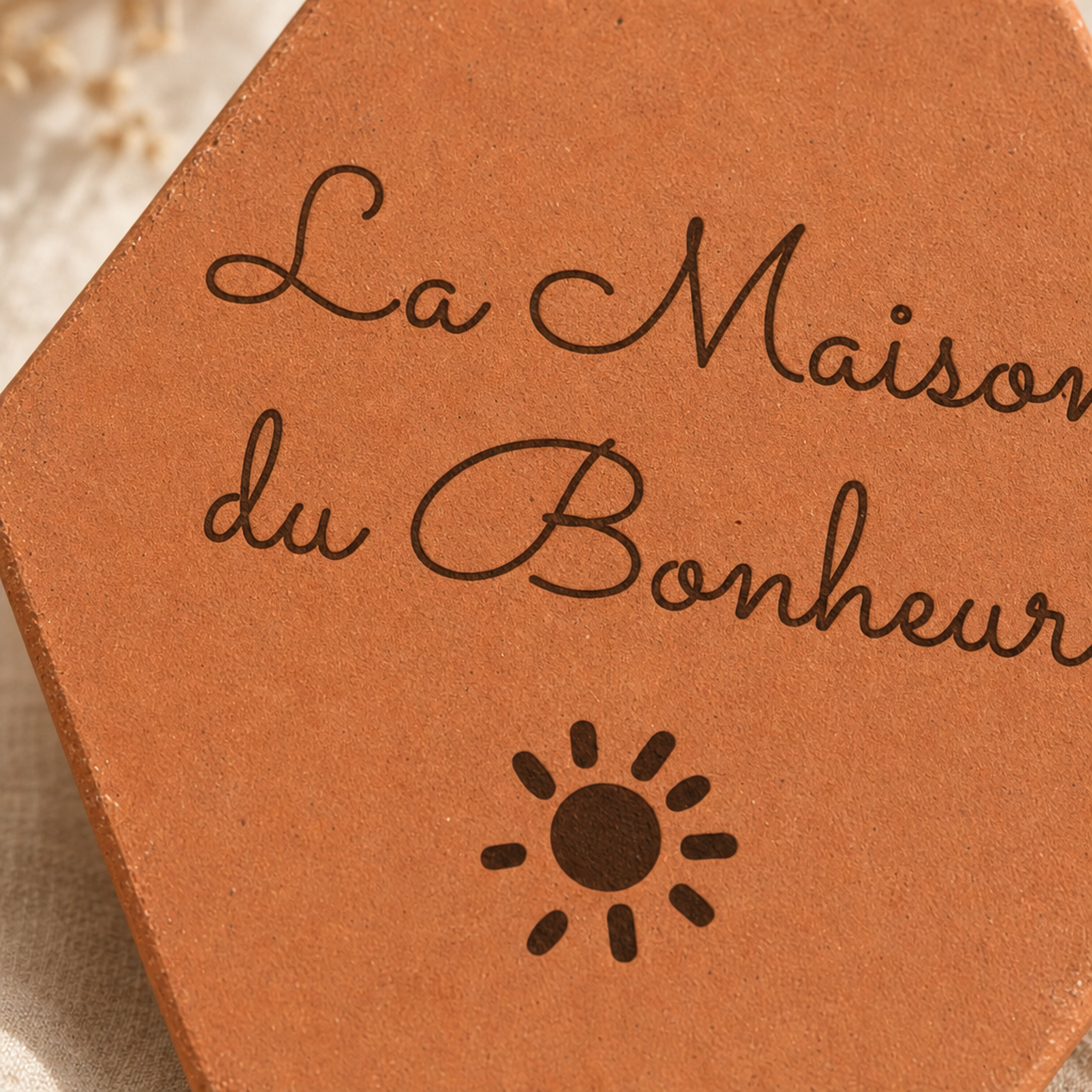 Cadeau crémaillère : tomette hexagonale personnalisée, terre cuite de Salernes gravée au laser pour la maison.