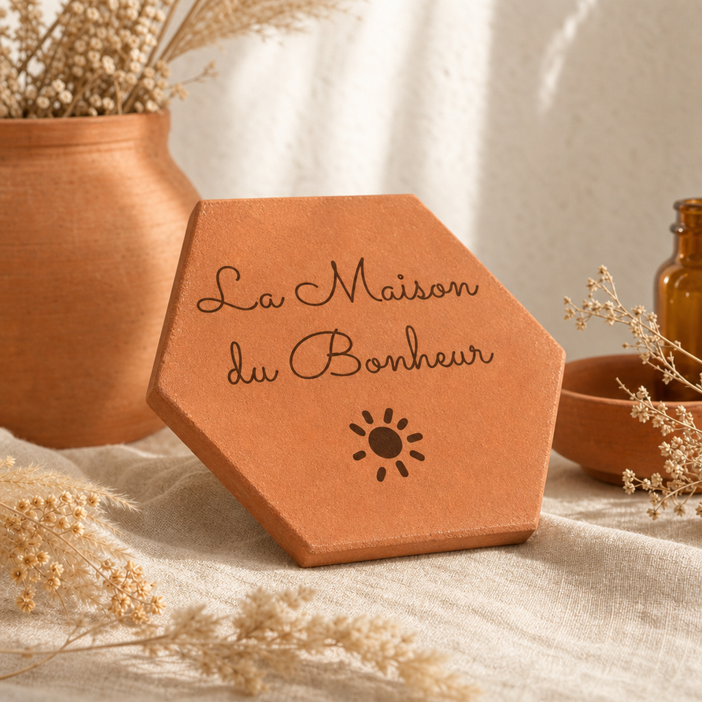 Cadeau crémaillère : tomette hexagonale personnalisée, terre cuite de Salernes gravée au laser pour la maison.