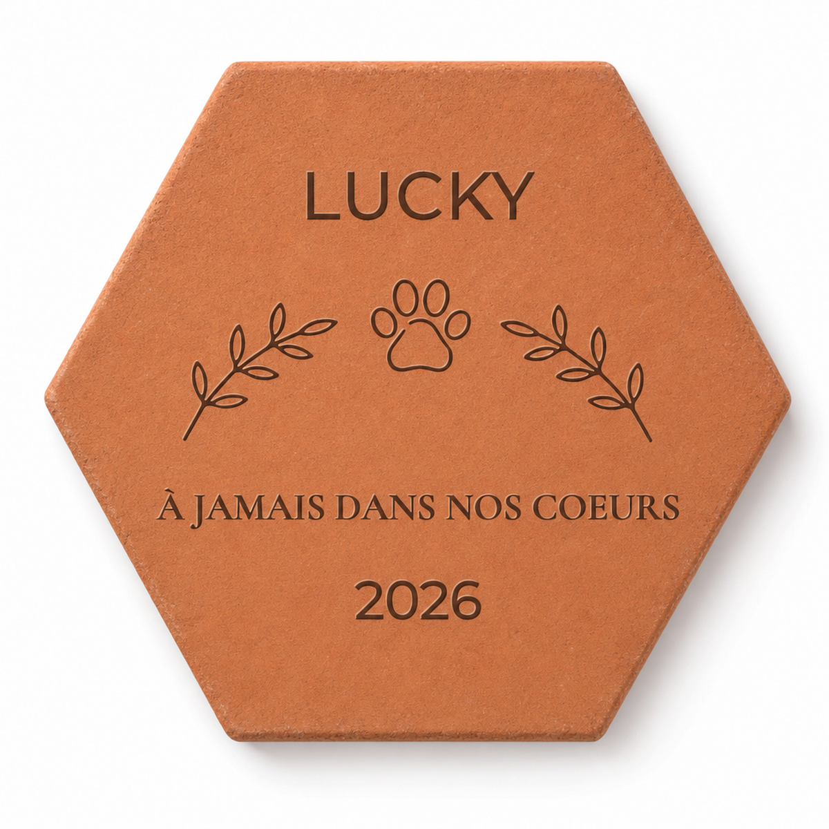 Placa conmemorativa para perro fallecido, «À jamais dans nos cœurs», huella y el nombre Lucky grabados, sobre fondo blanco.