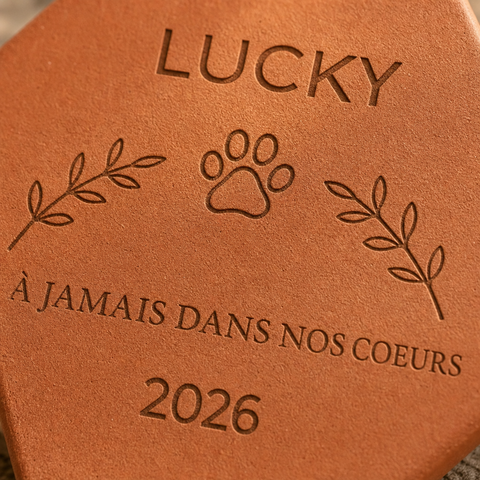 Detalle del grabado: el nombre Lucky, la huella y el año 2026 grabados.