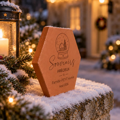 Tomette de Noël personnalisée « Souvenirs précieux », Famille Petit et boule à neige gravées, vue de côté sur le muret enneigé près de branches illuminées.