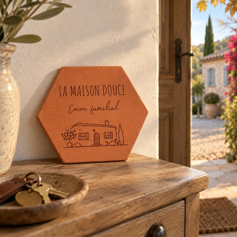 Tomette personnalisée « La Maison Douce, Cocon familial » avec maison gravée, sur une console d’entrée près d’une coupelle de clés.