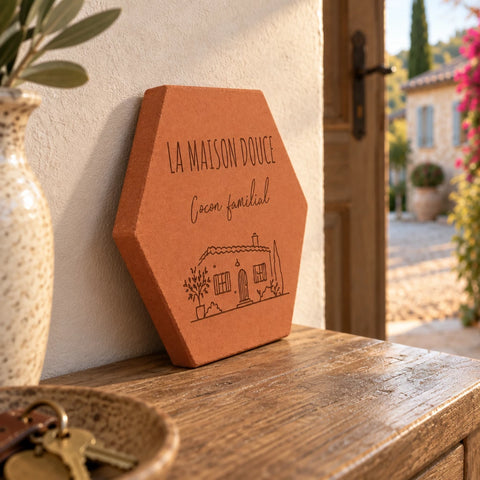 Tomette personnalisée « La Maison Douce, Cocon familial » avec maison gravée, vue de côté sur la console près d’une porte ouverte.
