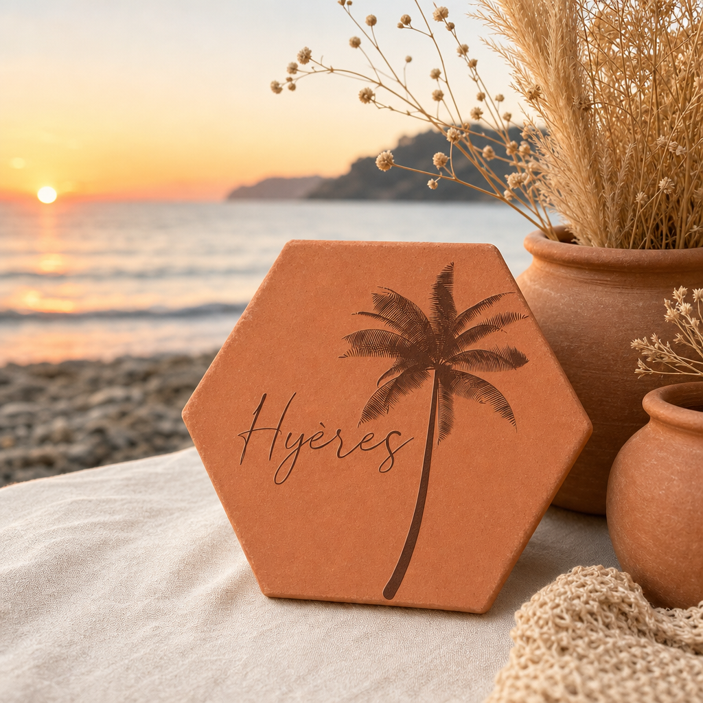 Souvenir de vacances : tomette hexagonale personnalisée en terre cuite de Salernes gravée au laser, photo plage coucher de soleil.