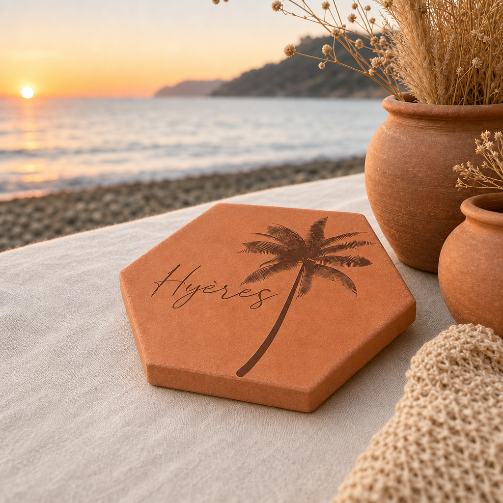 Souvenir de vacances : tomette hexagonale personnalisée en terre cuite de Salernes gravée au laser, photo plage coucher de soleil.