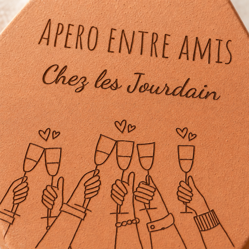 Apéro entre amis : tomette hexagonale personnalisée, terre cuite de Salernes gravée au laser pour une crémaillère.