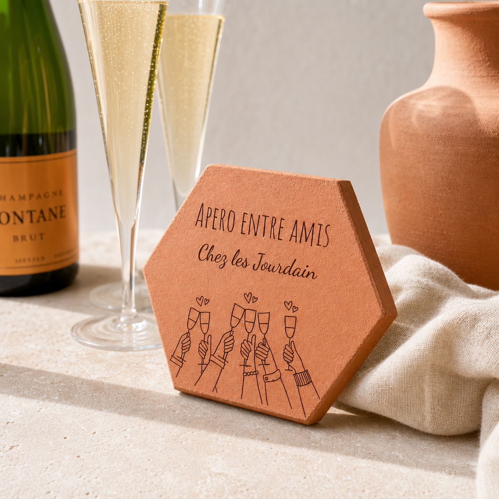 Apéro entre amis : tomette hexagonale personnalisée, terre cuite de Salernes gravée au laser pour une crémaillère.