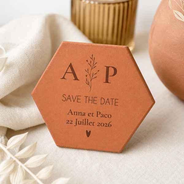 Mariage chic : tomette hexagonale personnalisée en terre cuite de Salernes gravée au laser, sur table épurée.